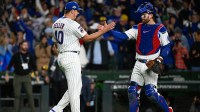 Chicago Cubs pitcher Brad Keller (40) and catcher Carson Kelly (15) celebrate after defeating the Milwaukee Brewers in game three of the NLDS round for the 2025 MLB playoffs at Wrigley Field.