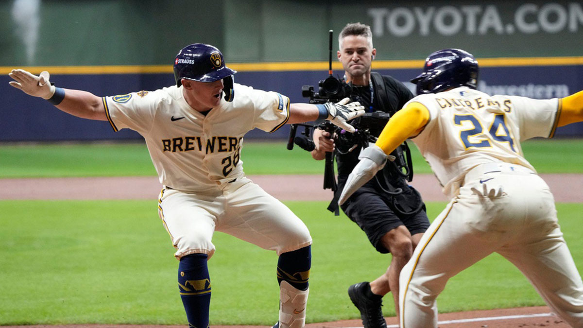 Brewers first baseman Andrew Vaughn (28) celebrates