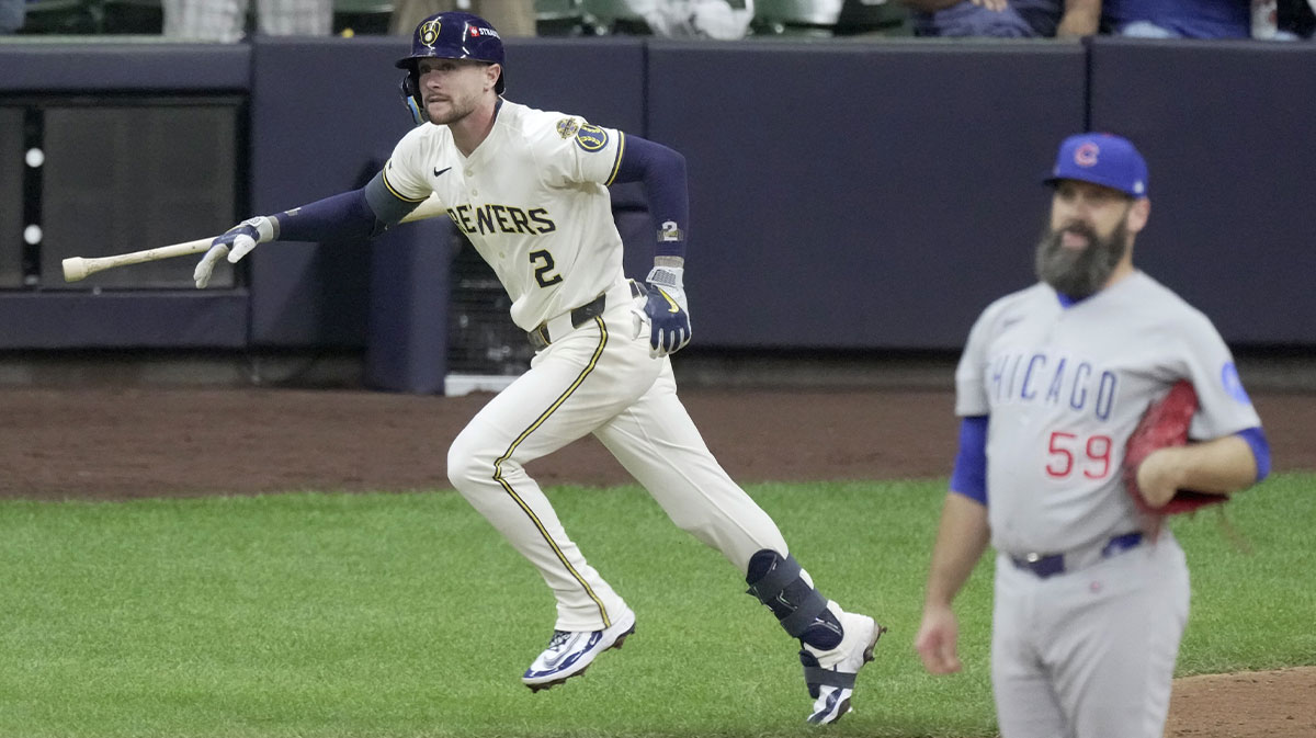 Milwaukee Brewers second baseman Brice Turang (2) watches his solo home run off Chicago Cubs pitcher Andrew Kittredge (59) during the seventh inning during game five of the NLDS round for the 2025 MLB playoffs at American Family Field.