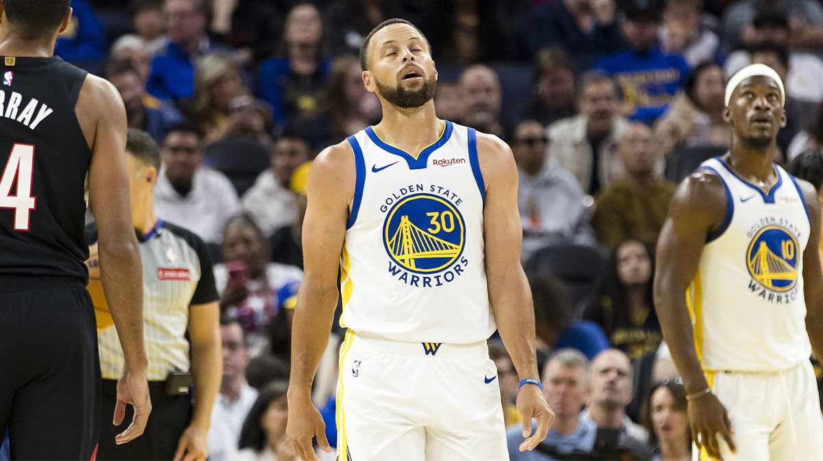 Golden State Warriors guard Stephen Curry (30) reacts during the second quarter against the Portland Trail Blazers at Chase Center.