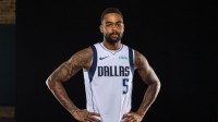 Dallas Mavericks guard D'Angelo Russell (5) poses for a photo during the Mavericks 2025 media day at the American Airlines Center.