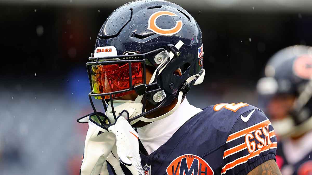 Chicago Bears wide receiver DJ Moore (2) practices against the New Orleans Saints before the game at Soldier Field.
