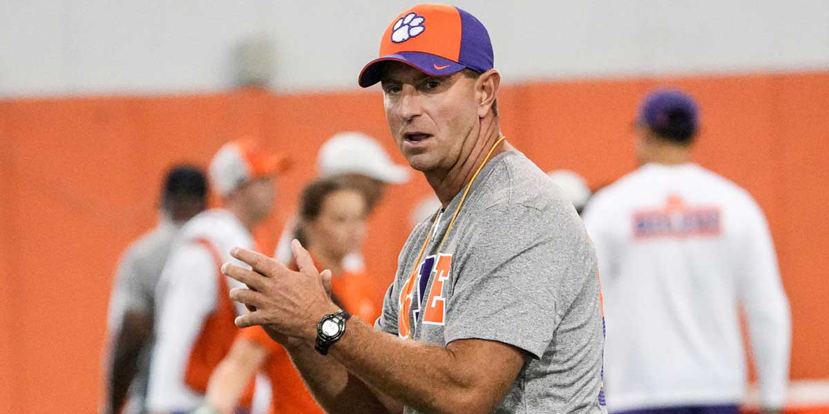 Clemson head coach Dabo Swinney during Clemson football first fall 2025 practice at the Allen N. Reeves Football Complex in Clemson, S.C. Thursday, July 31, 2025.