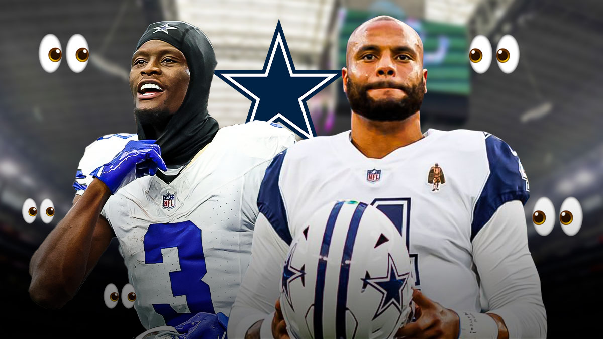 Dak Prescott, George Pickens, Cowboys logo in background, eyes symbols