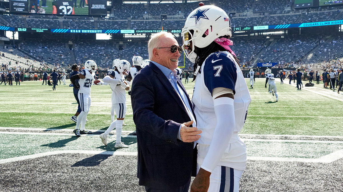 Dallas Cowboys Owner, President and general manager Jerry Jones with cornerback Trevon Diggs (7) on the field prior to a game against the New York Jets at MetLife Stadium.