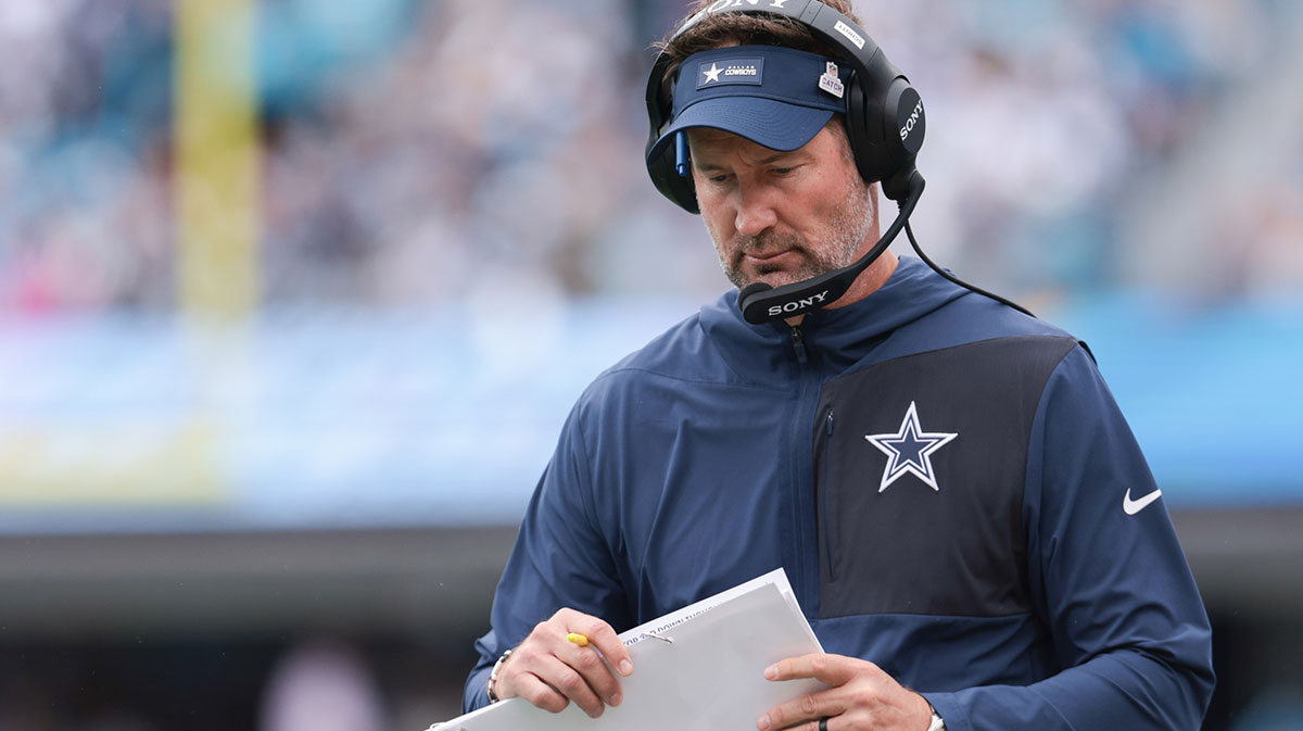 Dallas Cowboys head coach Brian Schottenheimer looks on during the first half against the Carolina Panthers at Bank of America Stadium.
