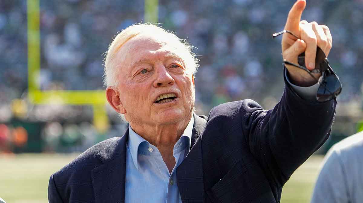 Dallas Cowboys Owner, President and general manager Jerry Jones stands on the field prior to a game against the New York Jets at MetLife Stadium.
