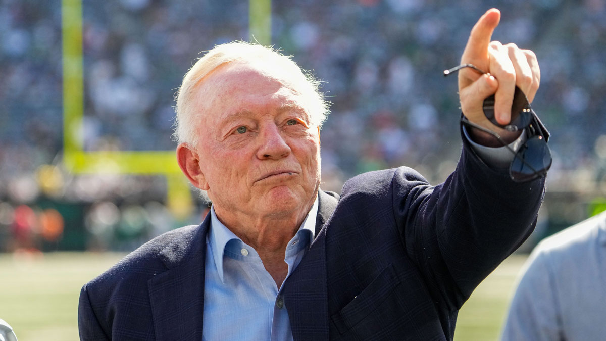 Dallas Cowboys Owner, President and general manager Jerry Jones stands on the field prior to a game against the New York Jets at MetLife Stadium.