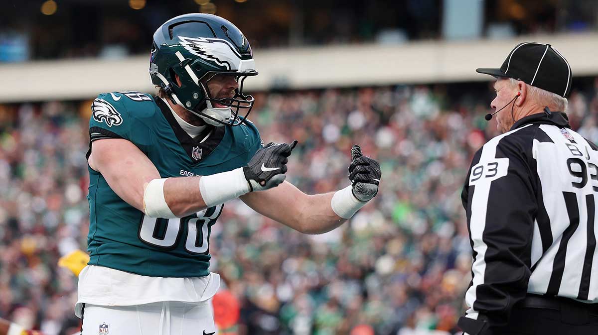 Philadelphia Eagles tight end Dallas Goedert (88) reacts after a play against the Washington Commanders during the first half in the NFC Championship game at Lincoln Financial Field.