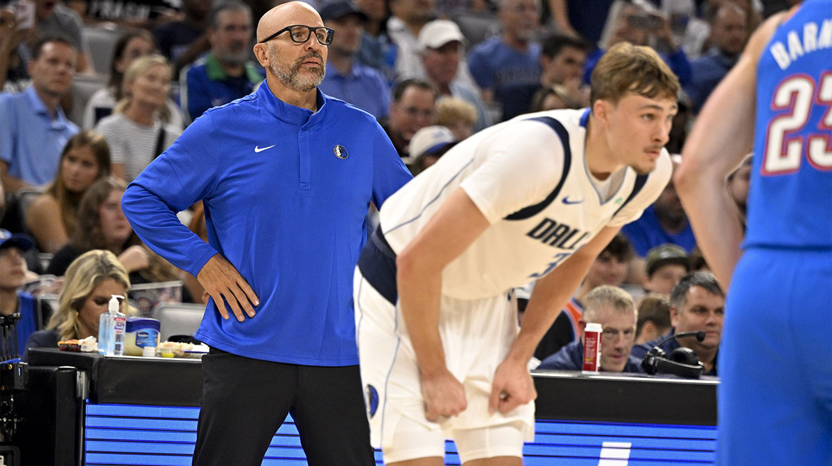 Dallas Mavericks Head Coach Jason Kidd watches forward Cooper Flagg (32) on the court during the second quarter against the Oklahoma City Thunder at Dickie's Arena.