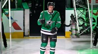 Dallas Stars defenseman Thomas Harley (55) is introduced before the game between the Dallas Stars and the Minnesota Wild at American Airlines Center.