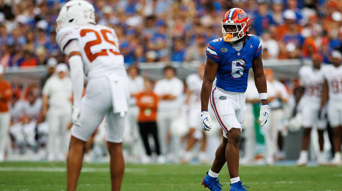 Florida Gators wide receiver Dallas Wilson (6) waits for the snap against the Texas Longhorns during the first half at Ben Hill Griffin Stadium.