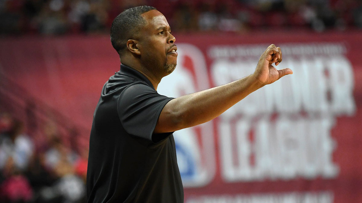 Cleveland Cavaliers Summer League head coach Damon Jones gestures during an NBA Summer League game against the Los Angeles Lakers at Thomas & Mack Center.