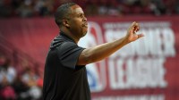 Cleveland Cavaliers Summer League head coach Damon Jones gestures during an NBA Summer League game against the Los Angeles Lakers at Thomas & Mack Center.