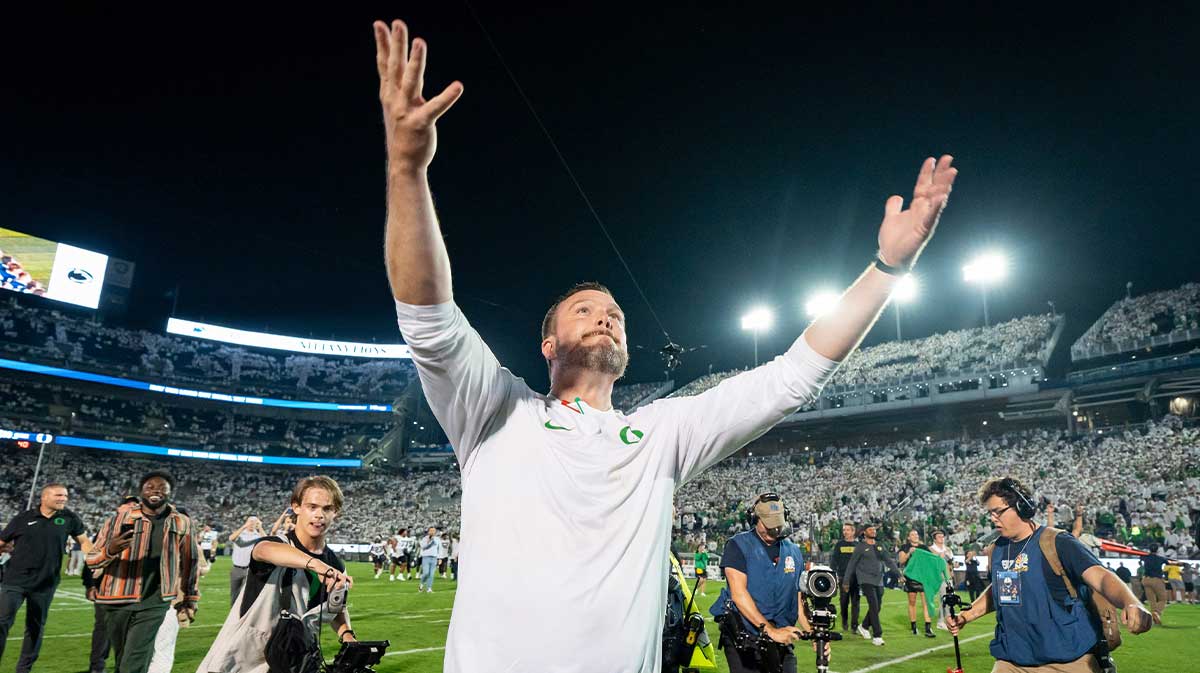 Oregon head coach Dan Lanning celebrates the Ducks’ win as the Oregon Ducks face the Penn State Nittany Lions on Sept. 27, 2025, at Beaver Stadium in University Park, Pennsylvania.