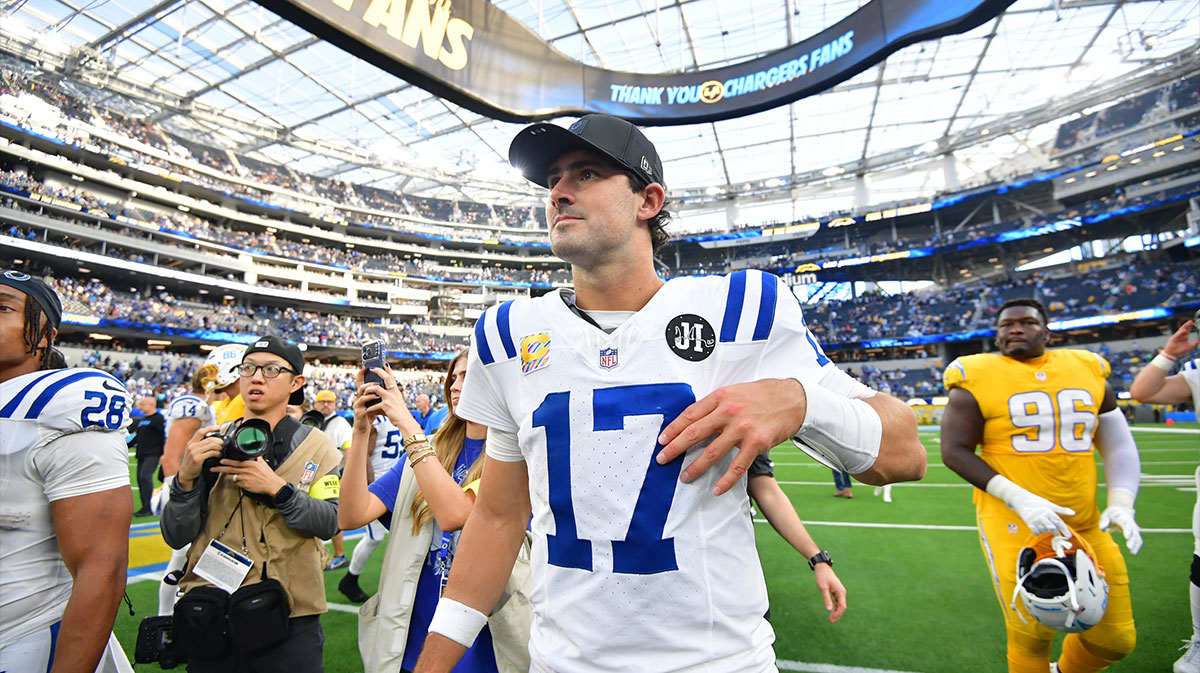 Indianapolis Colts quarterback Daniel Jones (17) looks on after the game against the Los Angeles Chargers at SoFi Stadium.