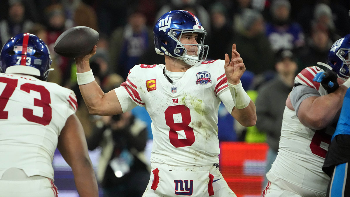 New York Giants quarterback Daniel Jones (8) throws the ball against the Carolina Panthers in the second half during the 2024 NFL Munich Game at Allianz Arena.