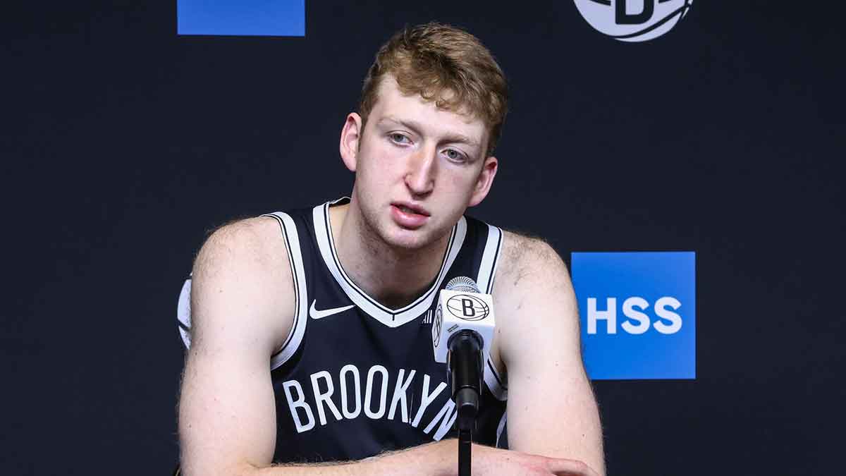 Brooklyn Nets forward Danny Wolf (2) speaks at Media Day.
