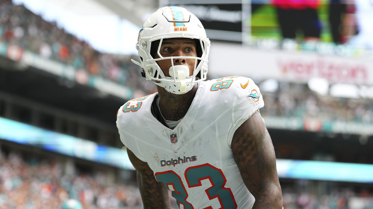 Miami Dolphins tight end Darren Waller (83) celebrates after scoring a touchdown against the Los Angeles Chargers during the fourth quarter at Hard Rock Stadium.