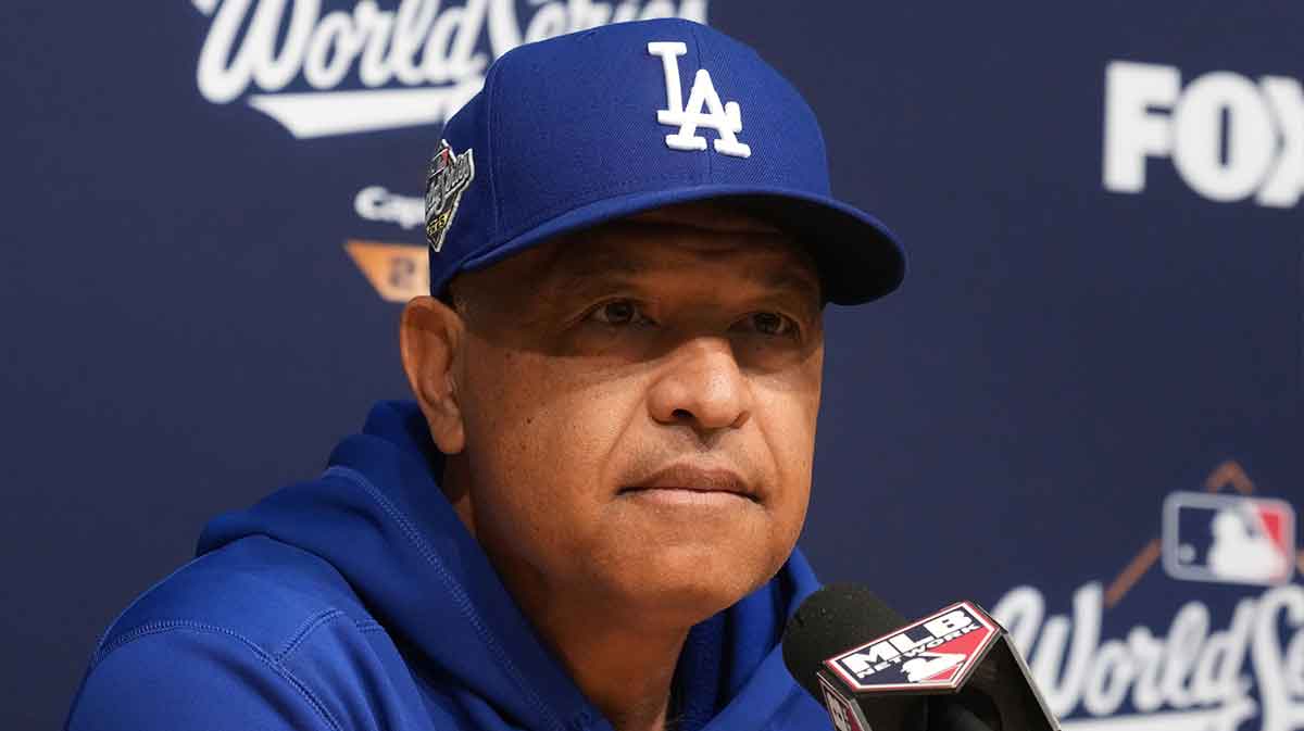 Los Angeles Dodgers manager Dave Roberts (30) speaks in a press conference before game five of the 2025 MLB World Series against the Toronto Blue Jays at Dodger Stadium.