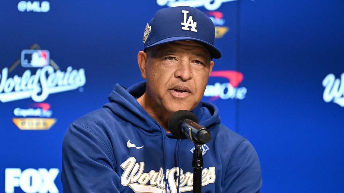 Los Angeles Dodgers manager Dave Roberts (30) speaks to the reporters during media day and team workouts at Rogers Centre.