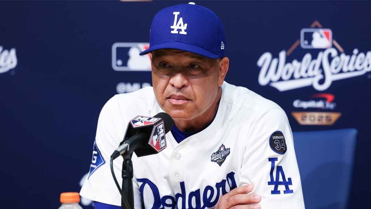 Los Angeles Dodgers manager Dave Roberts (30) speaks at the postgame press conference after the game against the Toronto Blue Jays during game four of the 2025 MLB World Series at Dodger Stadium.