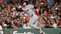Cleveland Guardians designated hitter David Fry (6) hits a two run home run against the Boston Red Sox during the sixth inning at Fenway Park.