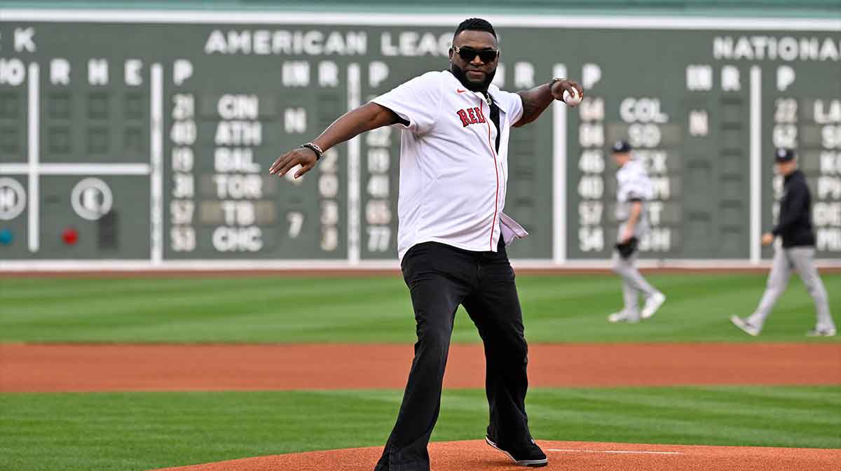 Sep 13, 2025; Boston, Massachusetts, USA; Current FOX Sports analyst and former Boston Red Sox designated hitter David Ortiz throws out the first pitch before a game between the Boston Red Sox and the New York Yankees at Fenway Park. Mandatory Credit: Eric Canha-Imagn Images