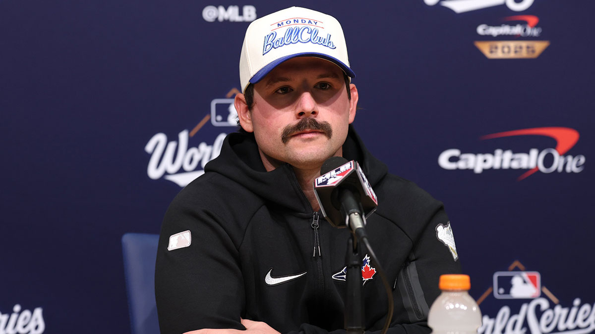 Toronto Blue Jays left fielder Davis Schneider (36) speaks in a press conference after game five of the 2025 MLB World Series against the Los Angeles Dodgers at Dodger Stadium.