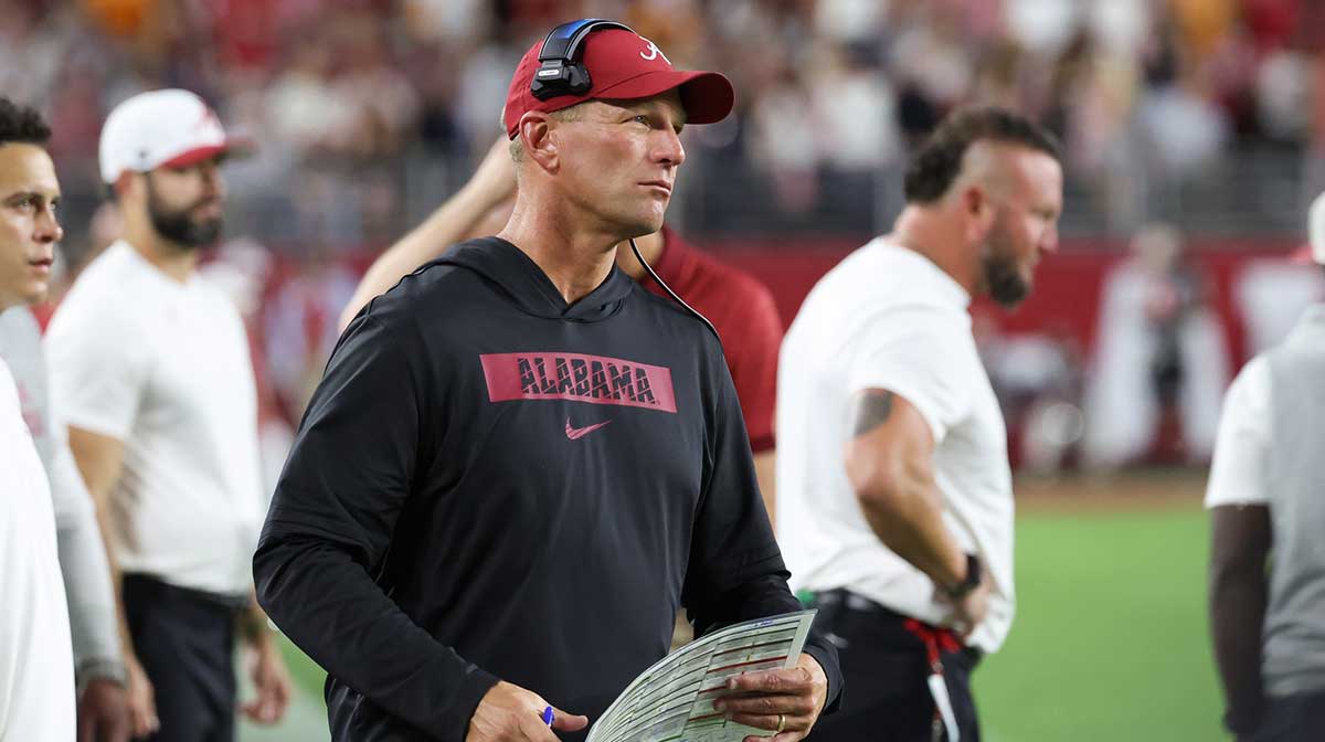 ; Alabama Crimson Tide head coach Kalen DeBoer looks on in the third quarter against the Tennessee Volunteers at Saban Field at Bryant-Denny Stadium.