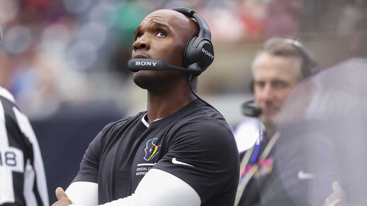 Houston Texans head coach DeMeco Ryans looks up during the fourth quarter against the Tennessee Titans at NRG Stadium.