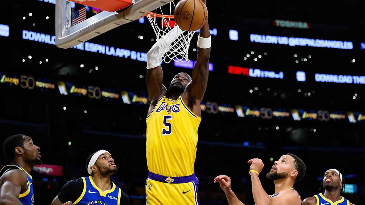 Los Angeles Lakers center Deandre Ayton (5) grabs a rebound during the first half against the Golden State Warriors at Crypto.com Arena.
