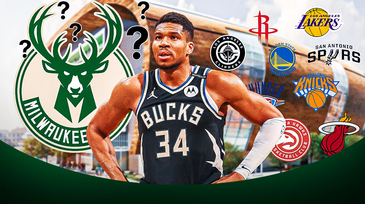 Bucks' Giannis Antetokounmpo with Bucks logo, question marks, and other NBA team logos