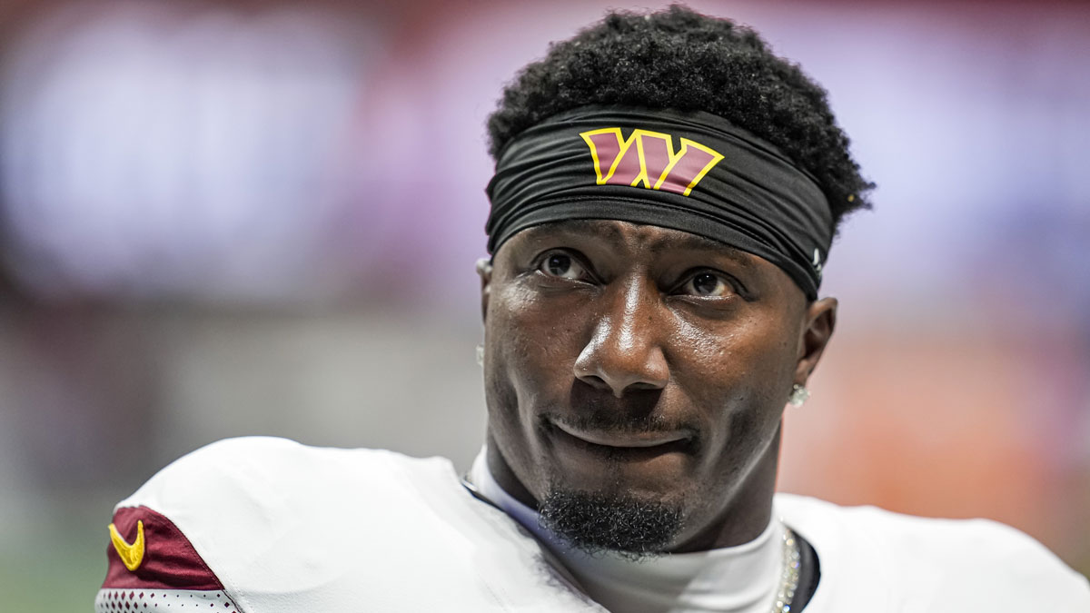 Washington Commanders wide receiver Deebo Samuel (1) shown on the field during the game against the Atlanta Falcons at Mercedes-Benz Stadium.