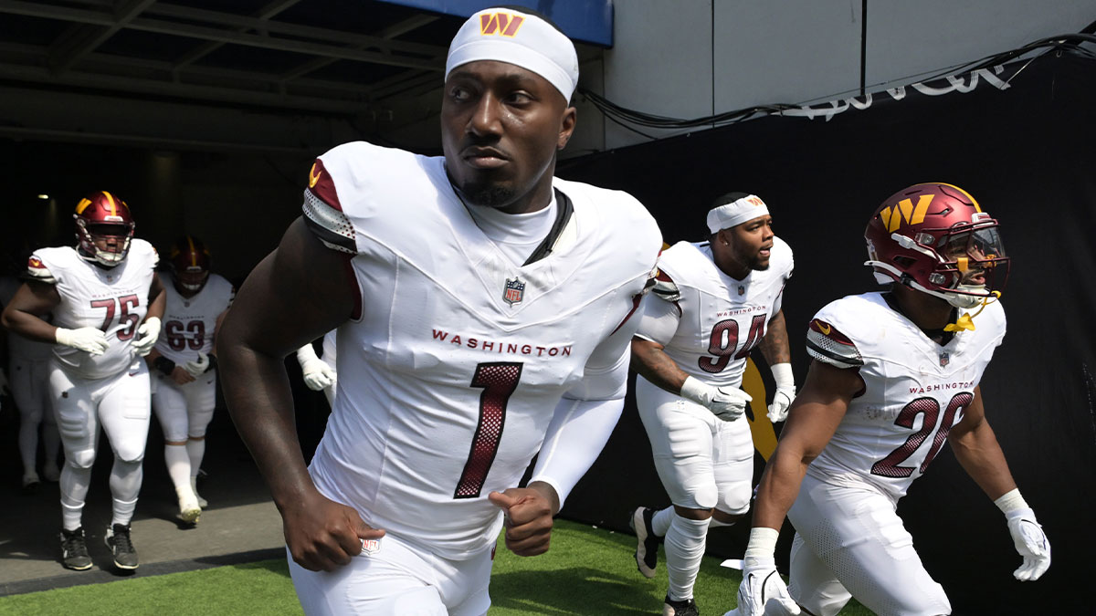 Washington Commanders wide receiver Deebo Samuel Sr. (1) runs on to the field for the game against the Los Angeles Chargers at SoFi Stadium.