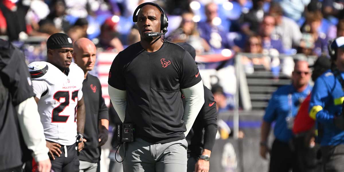 Houston Texans head coach Demeco Ryans stands on the sidelines during the third quarter against the Baltimore Ravens at M&T Bank Stadium.