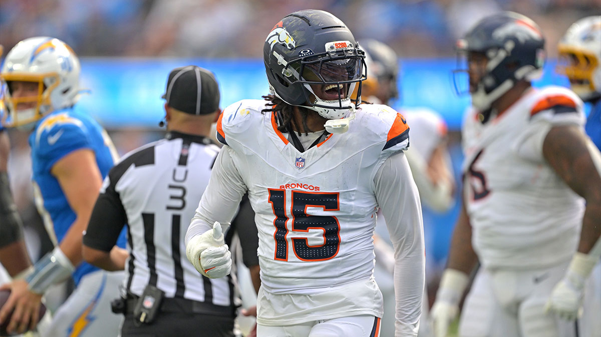 Denver Broncos linebacker Nik Bonitto (15) celebrates after a sack of Los Angeles Chargers quarterback Justin Herbert (10) in the second half at SoFi Stadium.