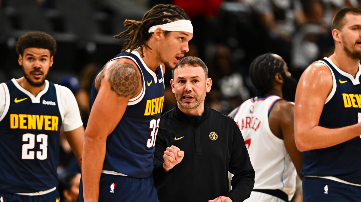 Denver Nuggets Head Coach David Adelman talks with Denver Nuggets forward Aaron Gordon (32) against the Los Angeles Clippers during the second quarter at Intuit Dome.