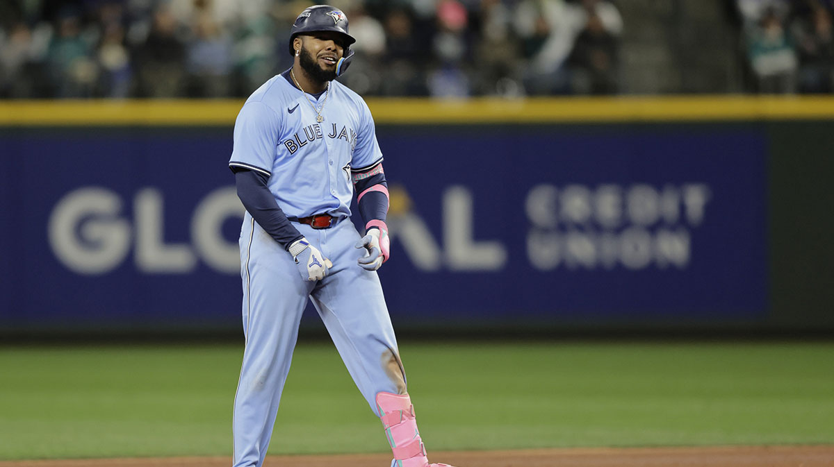 Toronto Blue Jays first baseman Vladimir Guerrero Jr. (27) doubles in the eighth inning against the Seattle Mariners during game three of the ALCS round for the 2025 MLB playoffs at T-Mobile Park.