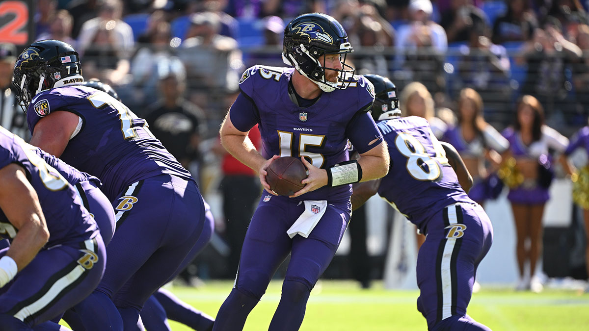 Baltimore Ravens quarterback Cooper Rush (15) looks back to pass during the third quarter against the Houston Texans at M&T Bank Stadium.