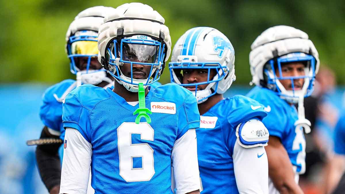 Detroit Lions cornerback Terrion Arnold (6) watches practice during training camp at Meijer Performance Center in Allen Park on Thursday, August 21, 2025.