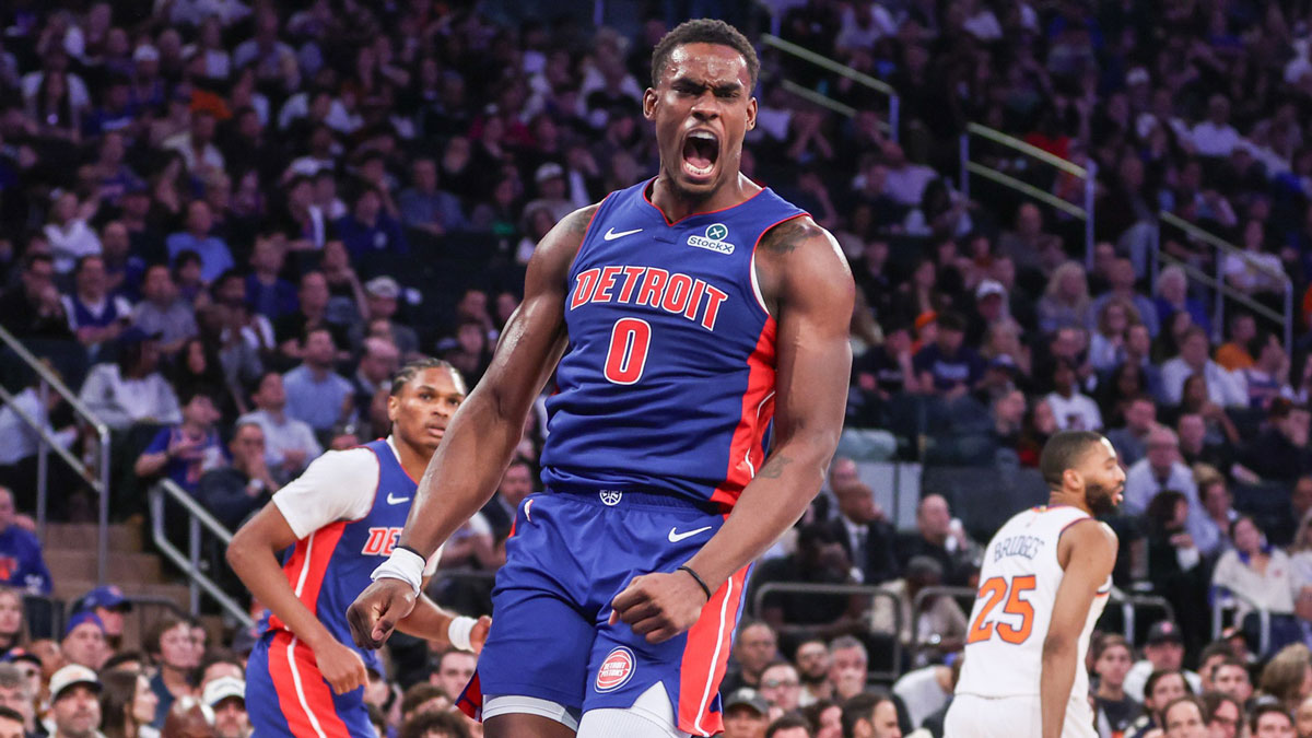 Detroit Pistons center Jalen Duren (0) reacts after scoring against the New York Knicks in Game One of the First Round of the NBA Playoffs at Madison Square Garden. Mandatory Credit: Wendell Cruz-Imagn Images