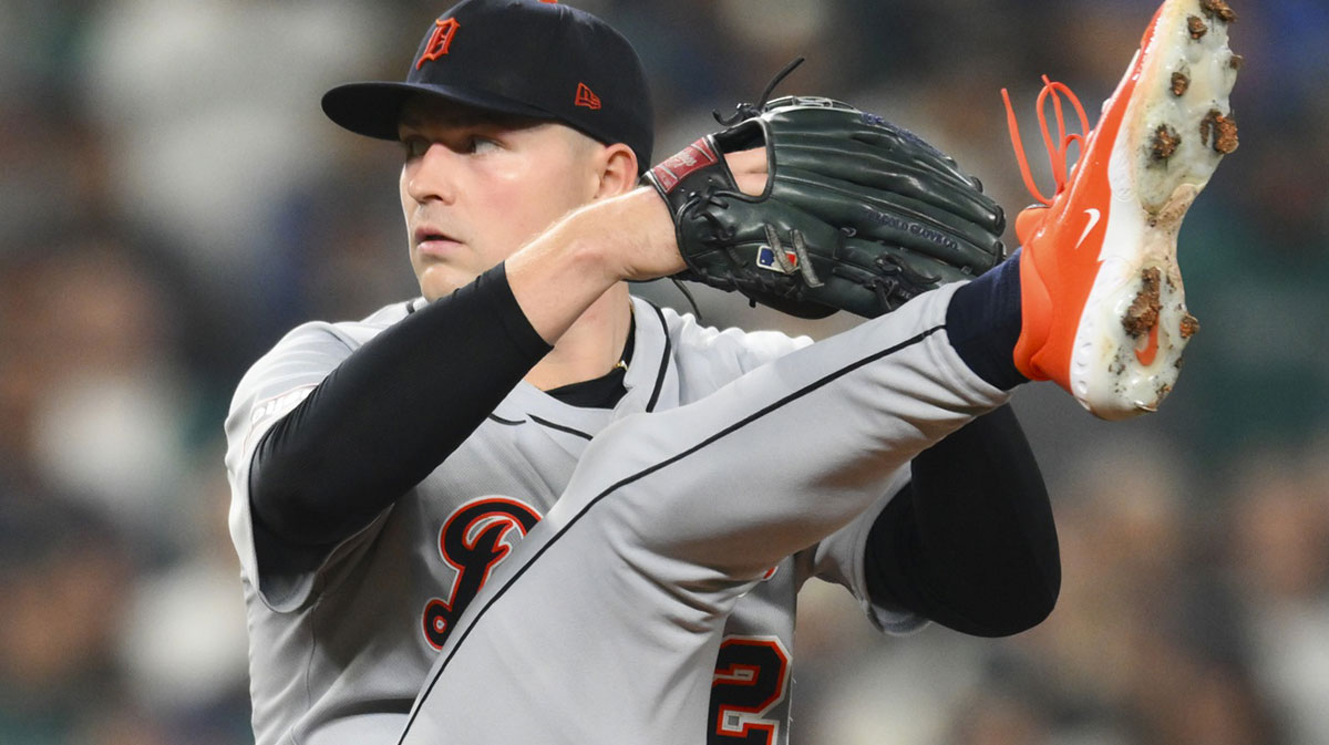 Detroit Tigers starting pitcher Tarik Skubal (29) throws against the Seattle Mariners during the third inning during game five of the ALDS round for the 2025 MLB playoffs at T-Mobile Park.