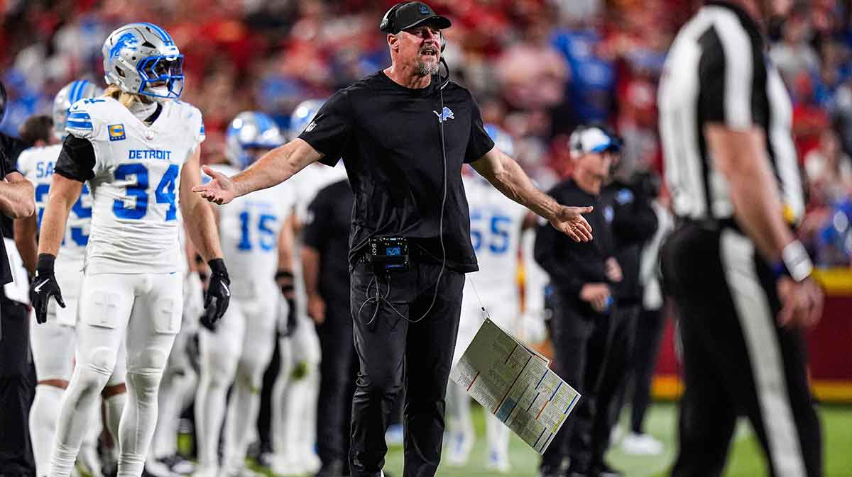 Detroit Lions head coach Dan Campbell reacts to a play against Kansas City Chiefs during the first half at Arrowhead Stadium in Kansas City, Missouri on Sunday, Oct. 12, 2025.