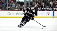 New Jersey Devils defenseman Luke Hughes (43) skates with the puck during the third period against the Pittsburgh Penguins at Prudential Center.