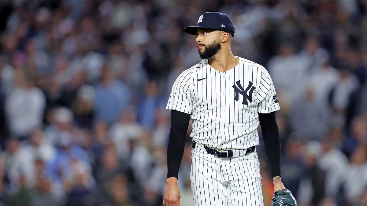 New York Yankees pitcher Devin Williams (38) reacts after giving up a two run RBI during the seventh inning during game four of the ALDS round for the 2025 MLB playoffs at Yankee Stadium.