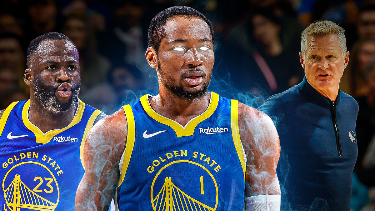 Warriors' Jonathan Kuminga with his eyes glowing and goku anime aura around him with Steve Kerr and Draymond Green smiling behind him