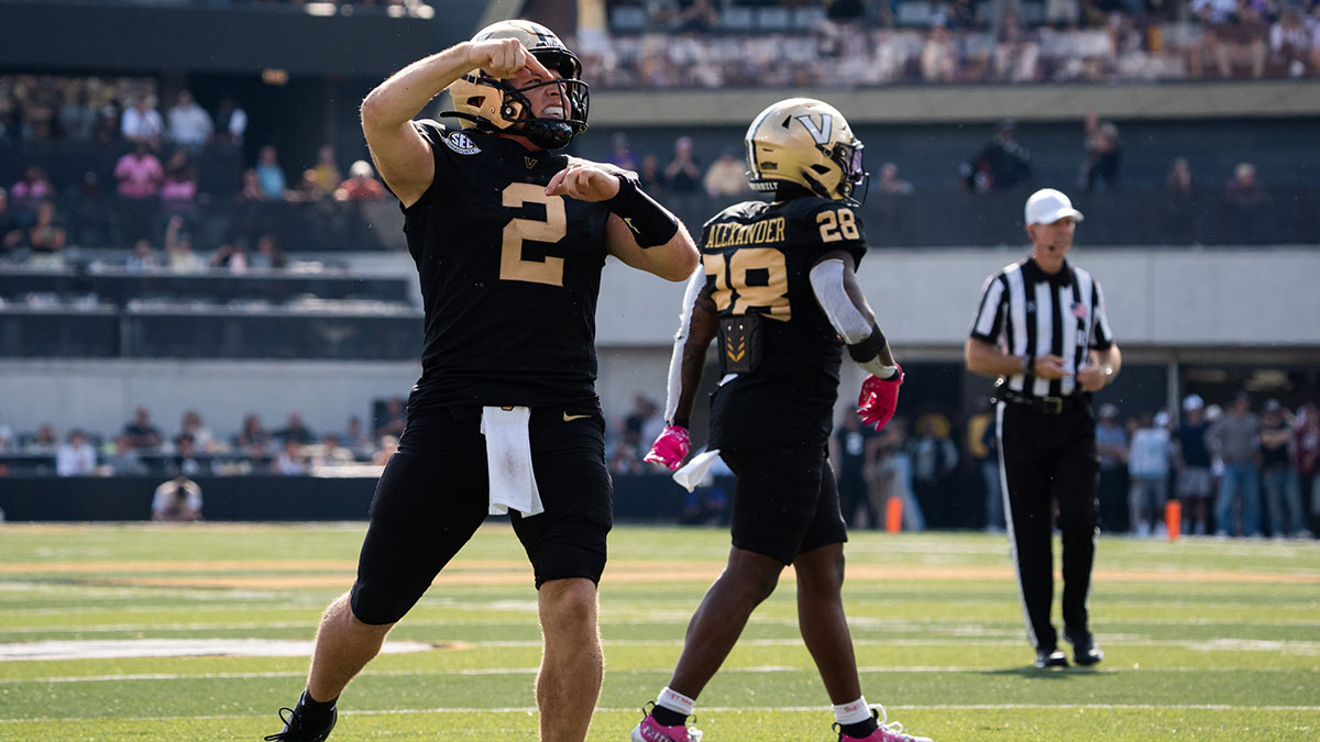Vanderbilt quarterback Diego Pavia (2) celebrates during the game between Vanderbilt University and Louisiana State University at FirstBank Stadium in Nashville, Tenn., Saturday, Oct. 18, 2025.