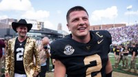 Vanderbilt quarterback Diego Pavia (2) celebrates following the game between Vanderbilt University and Louisiana State University at FirstBank Stadium in Nashville, Tenn.