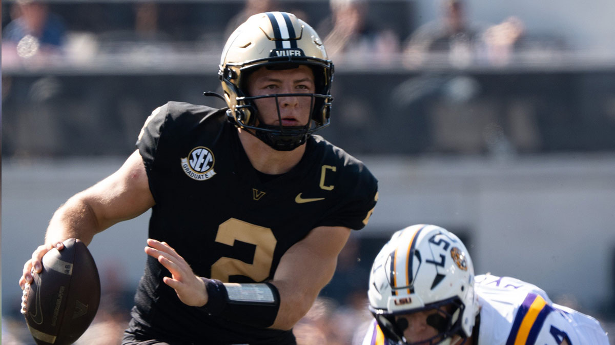 Vanderbilt quarterback Diego Pavia (2) runs the ball during the game between Vanderbilt University and Louisiana State University at FirstBank Stadium in Nashville, Tenn.